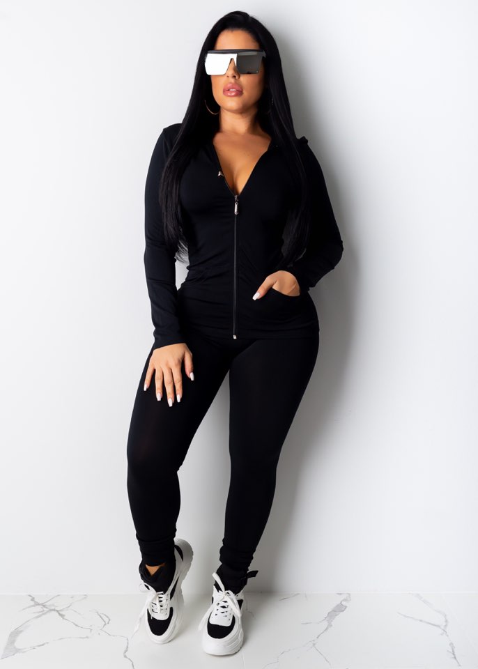 Women's Black Sporty Stretchy Hoodie and Legging Set
