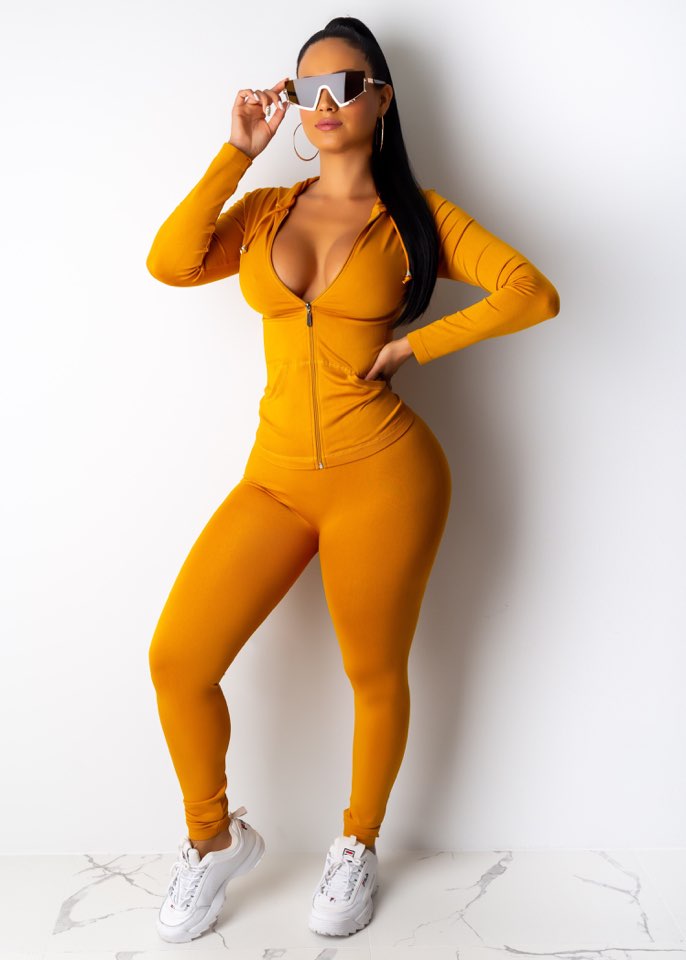 Women's Mustard Sporty Stretchy Hoodie and Legging Set