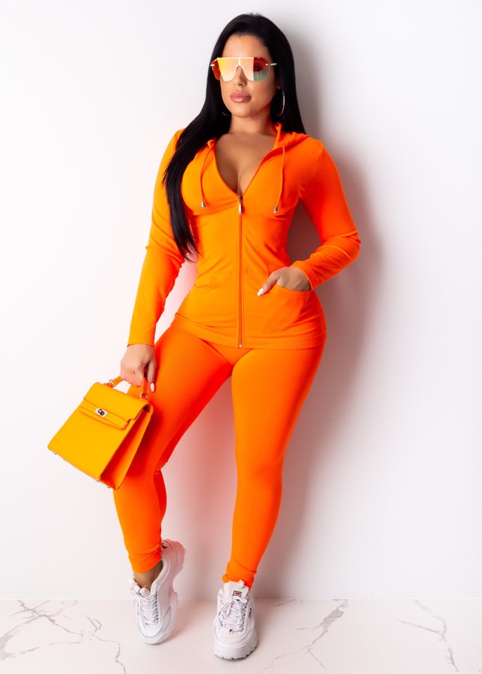 Women's Neon Orange Sporty Stretchy Hoodie and Legging Set