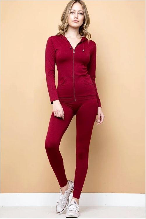Women's Burgundy Sporty Stretchy Hoodie and Legging Set