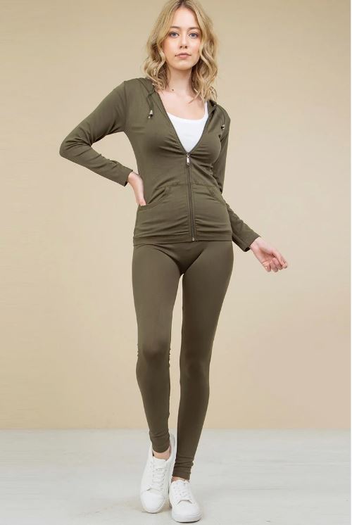 Women's Olive Sporty Stretchy Hoodie and Legging Set