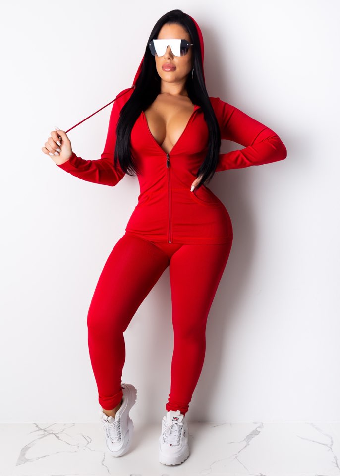 Women's Red Sporty Stretchy Hoodie and Legging Set