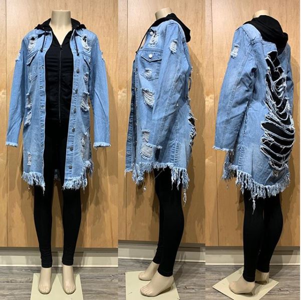 Women's Back-Ripped Light Blue Long Denim Jacket